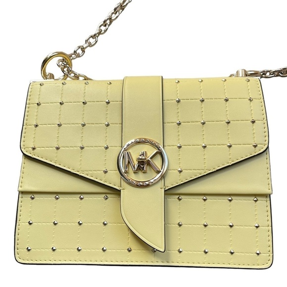 Michael Kors Greenwich Buttercup Convertible Crossbody Bag Gold Studded Chain - Picture 6 of 12